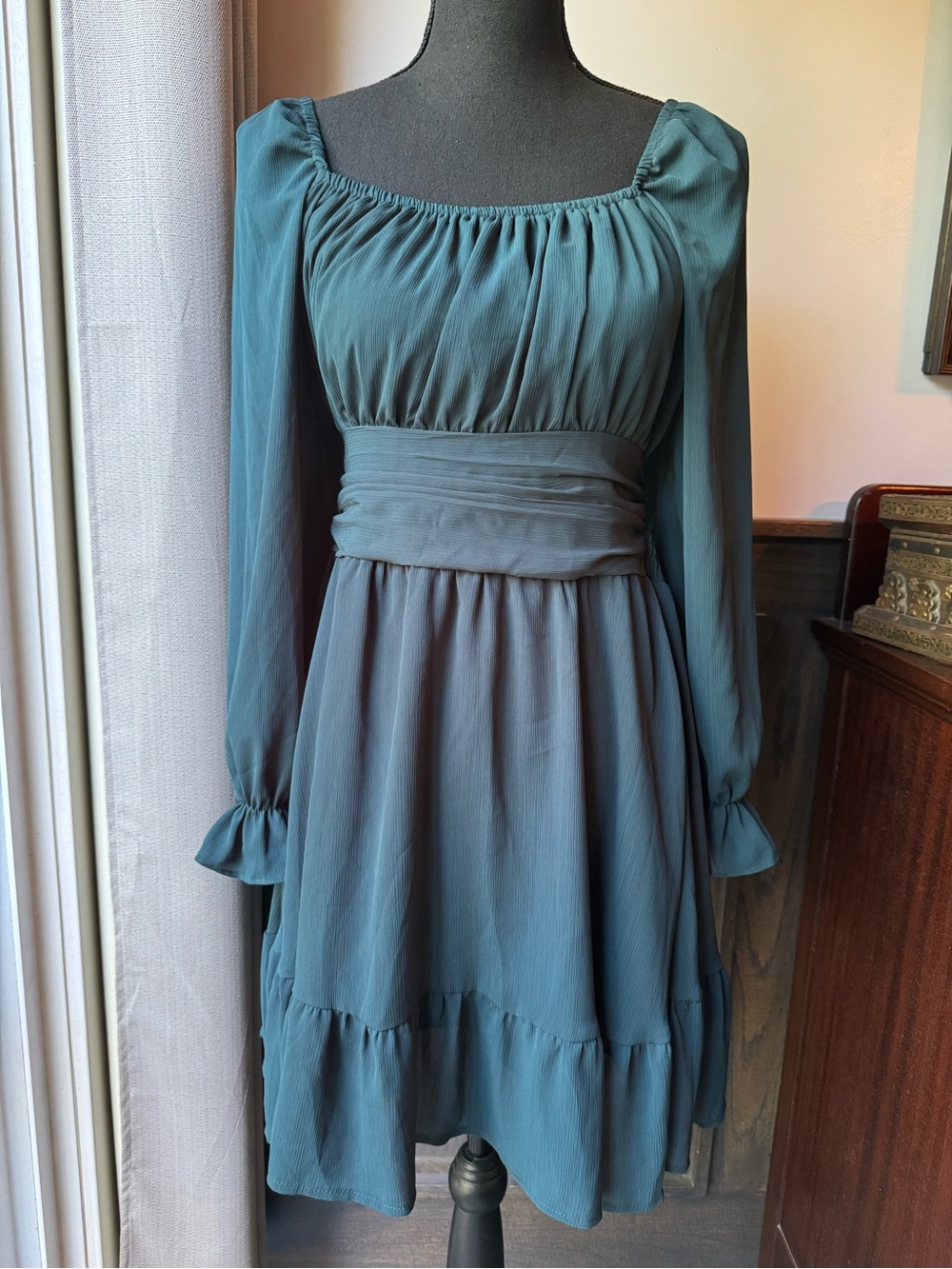 Exlura Women's Teal Long-Sleeve Empire Waist Dress large nwt